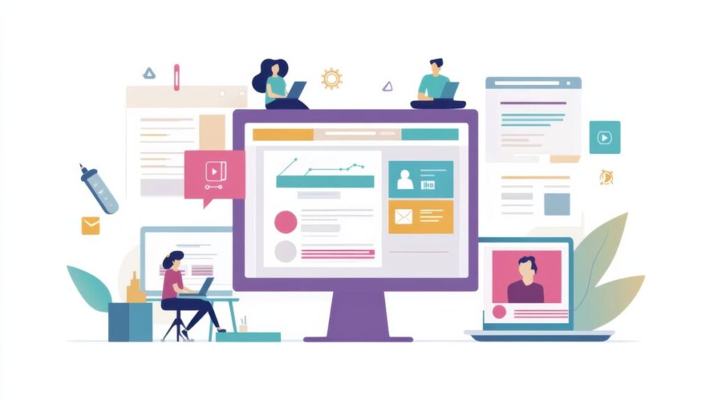 PC画面とリサーチ中の人たち