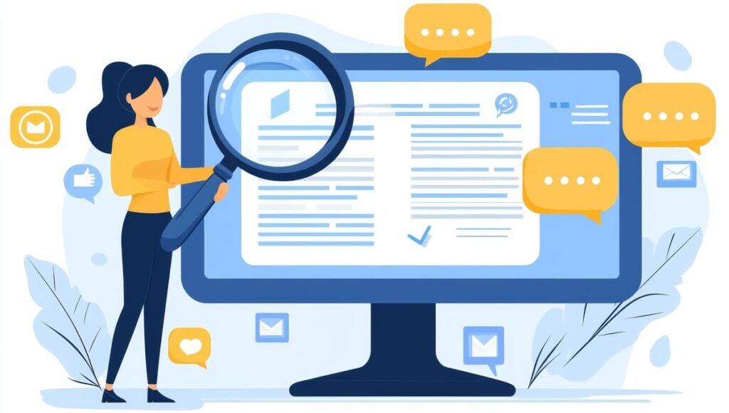 PC画面と虫眼鏡を持った女性