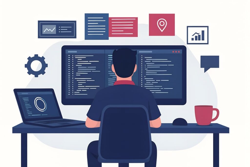 大きなモニターに向かっている男性